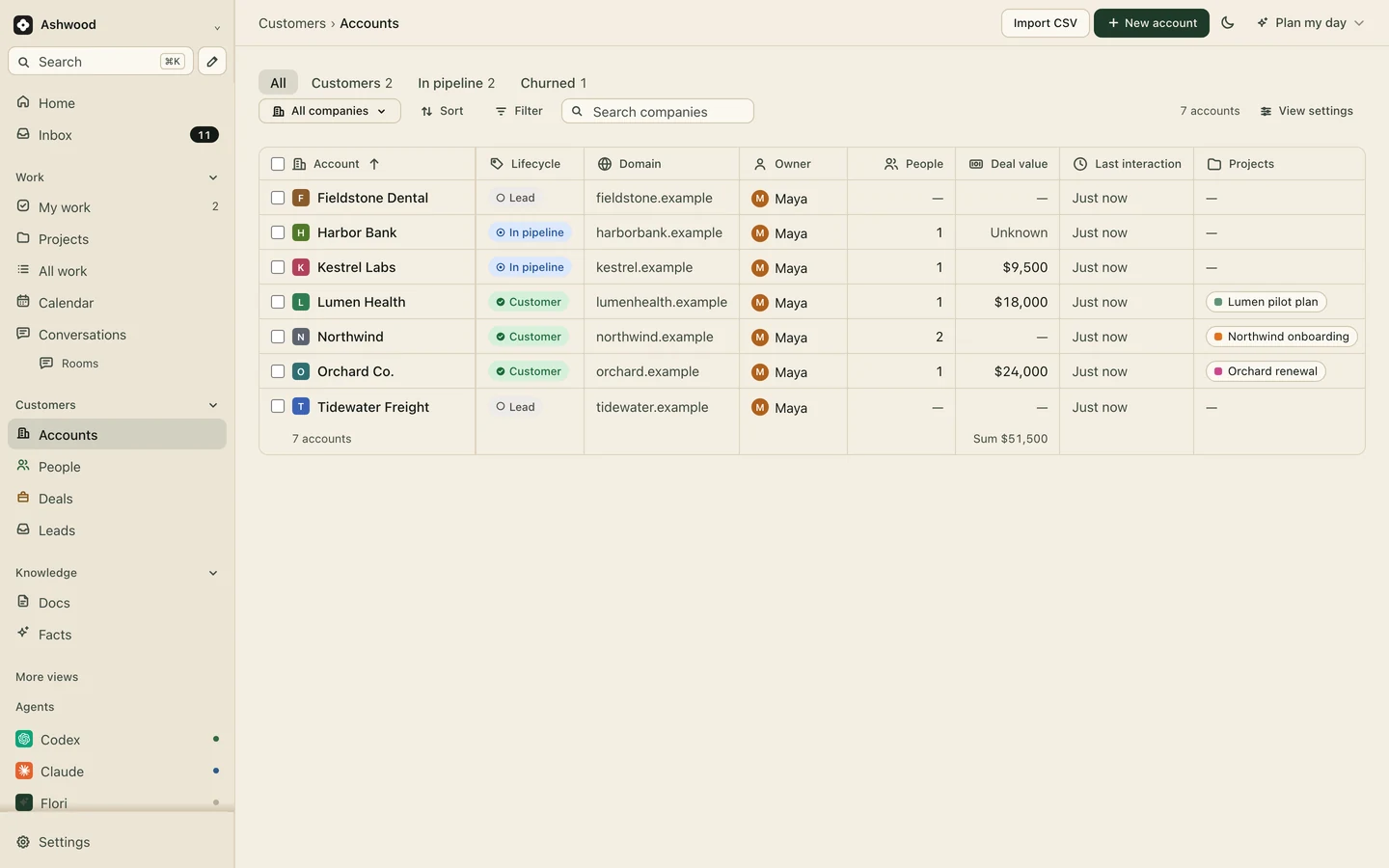 Flori accounts table with lifecycle, domain, owner, people, deal value and linked projects (demo workspace)