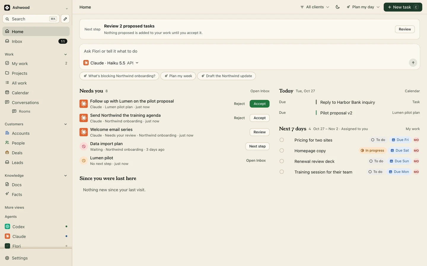 Flori Home with proposals to accept or reject, today’s tasks and the next seven days (demo workspace)