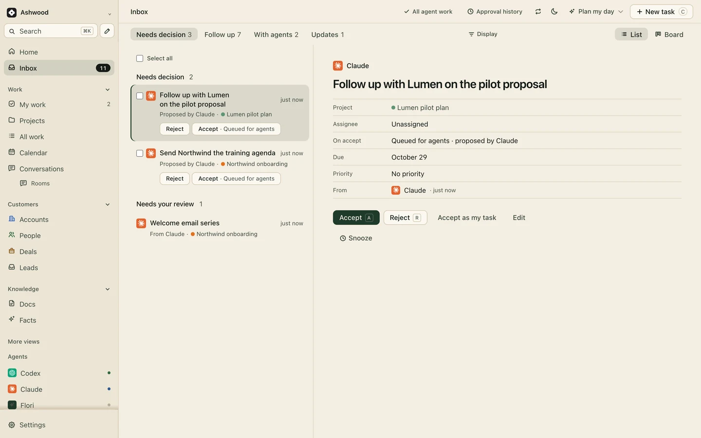 Flori review queue with proposed tasks and a draft to accept or reject (demo workspace)