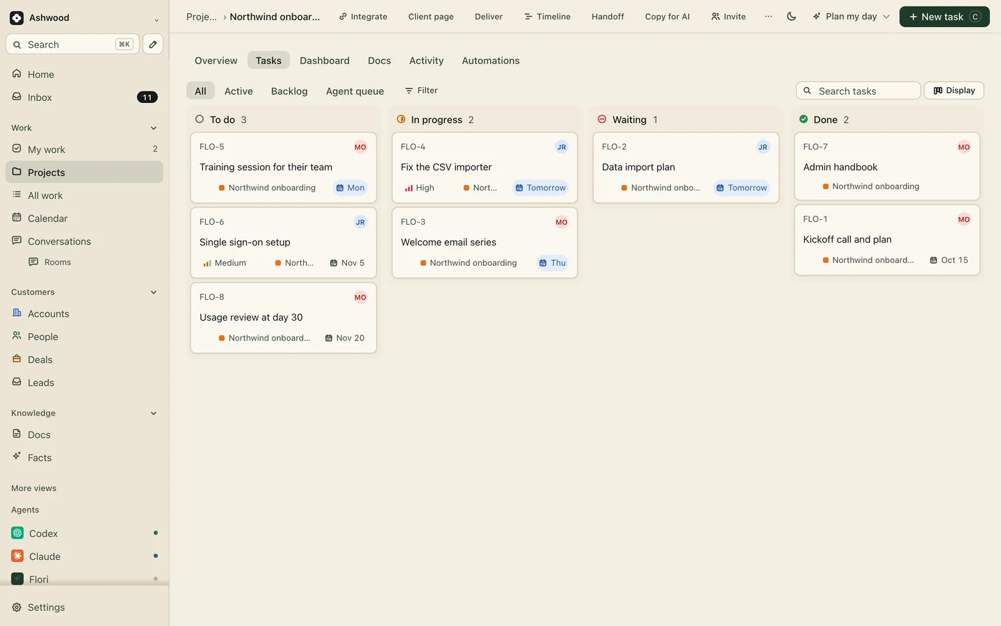 Flori project board for a client onboarding with owners and due dates (demo workspace)