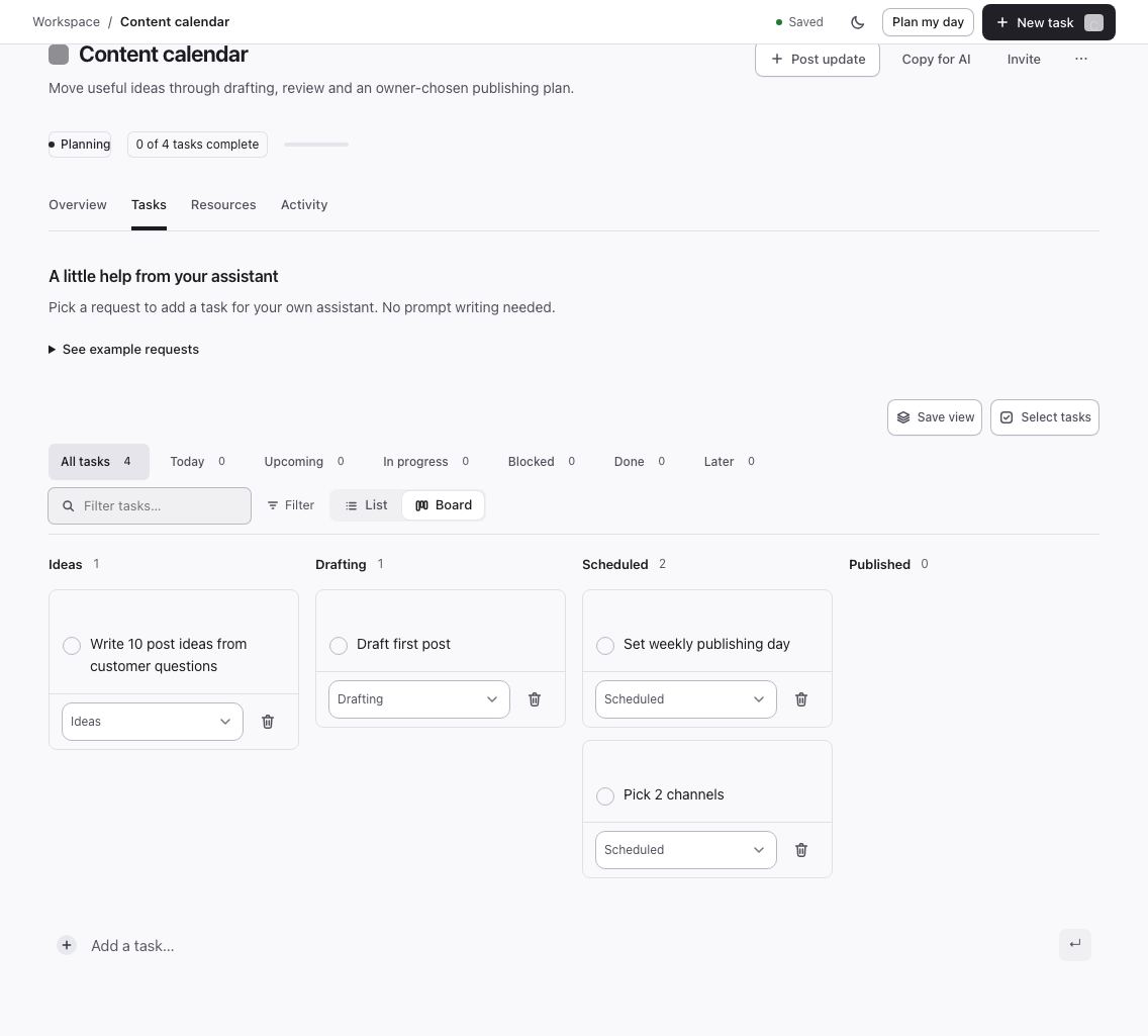 Content calendar tasks in a newly created Flori project