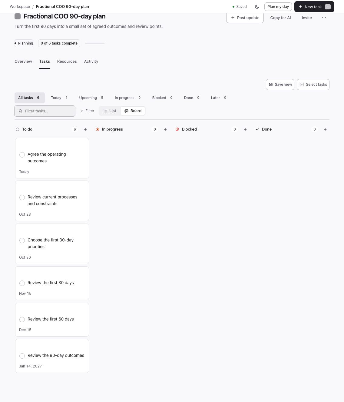 Fractional COO 90-day plan tasks in a newly created Flori project