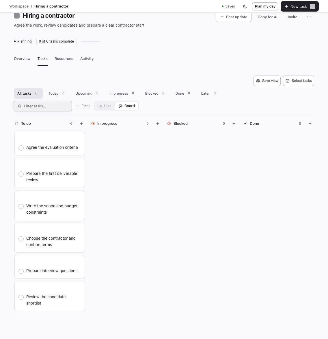 Hiring a contractor tasks in a newly created Flori project