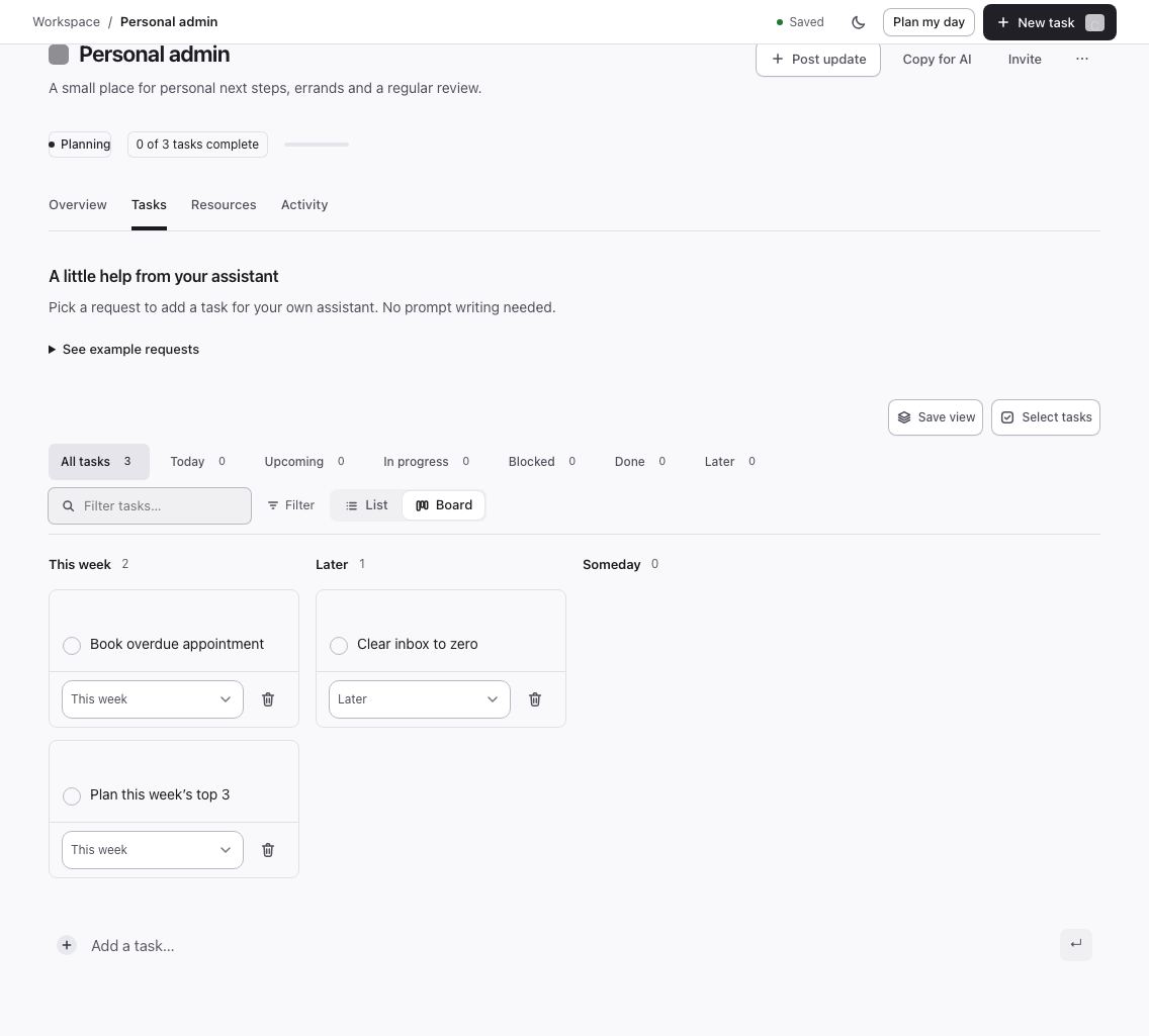 Personal admin tasks in a newly created Flori project