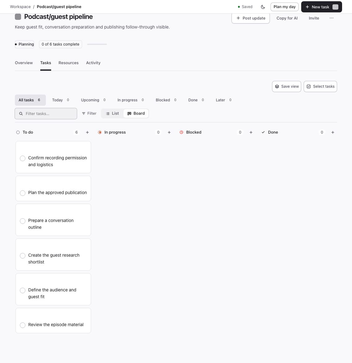 Podcast/guest pipeline tasks in a newly created Flori project