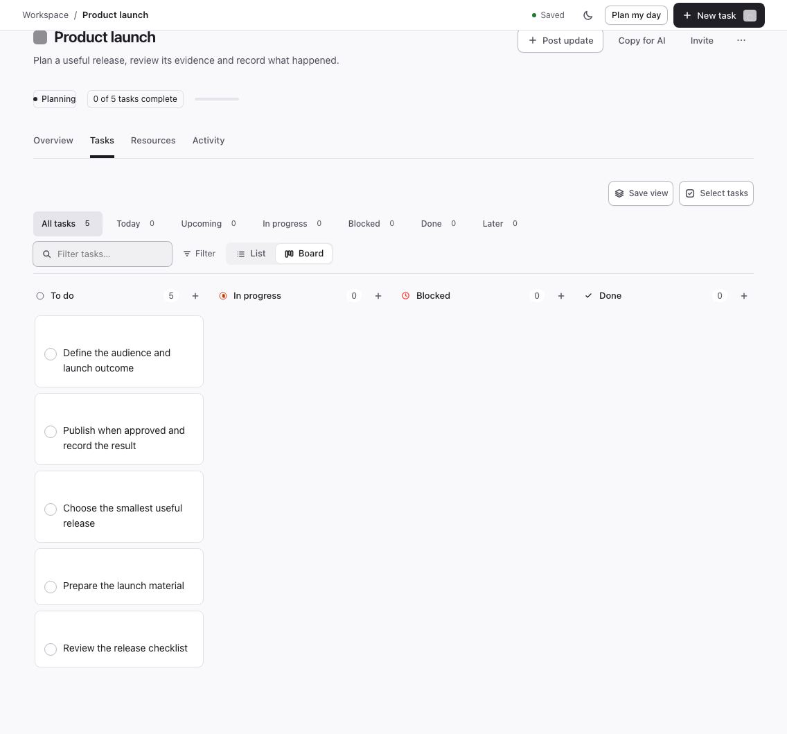Product launch tasks in a newly created Flori project