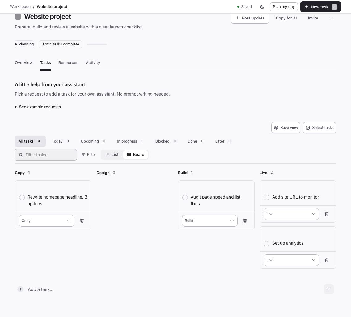 Website project tasks in a newly created Flori project